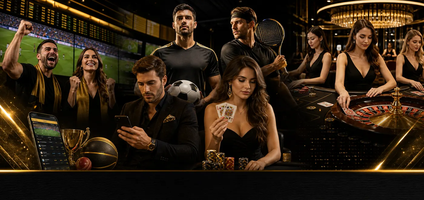 Premium sportsbook and casino guide visual with adult men and women